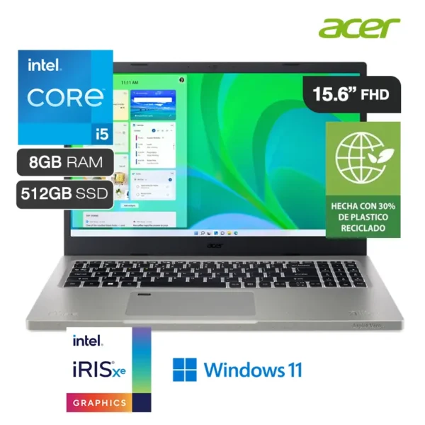 Laptop Acer Aspire Vero AV15-51-50X9 Intel Core i5-1155G7 8GB RAM 512GB SSD 15.6" FHD